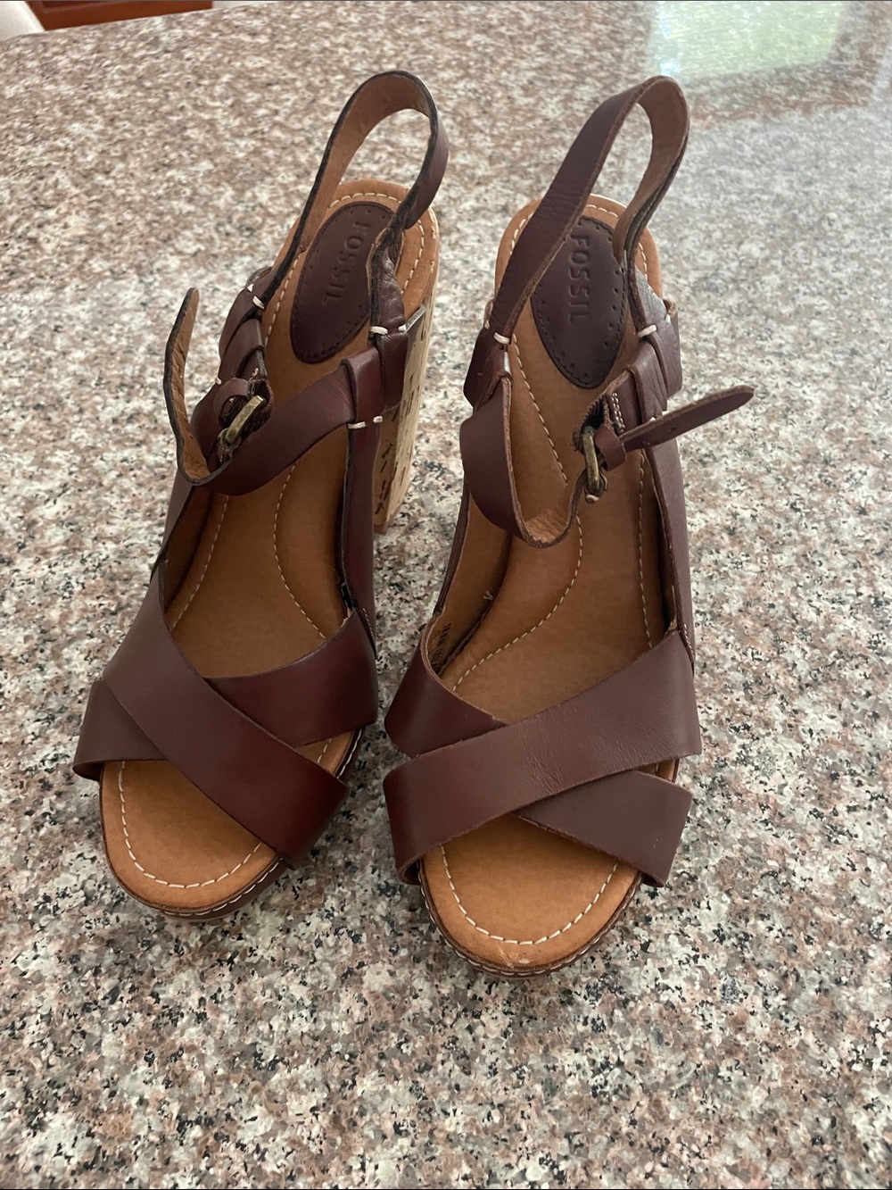 Fossil Brown Leather 5” Cork Heel Sandal - US 8.5